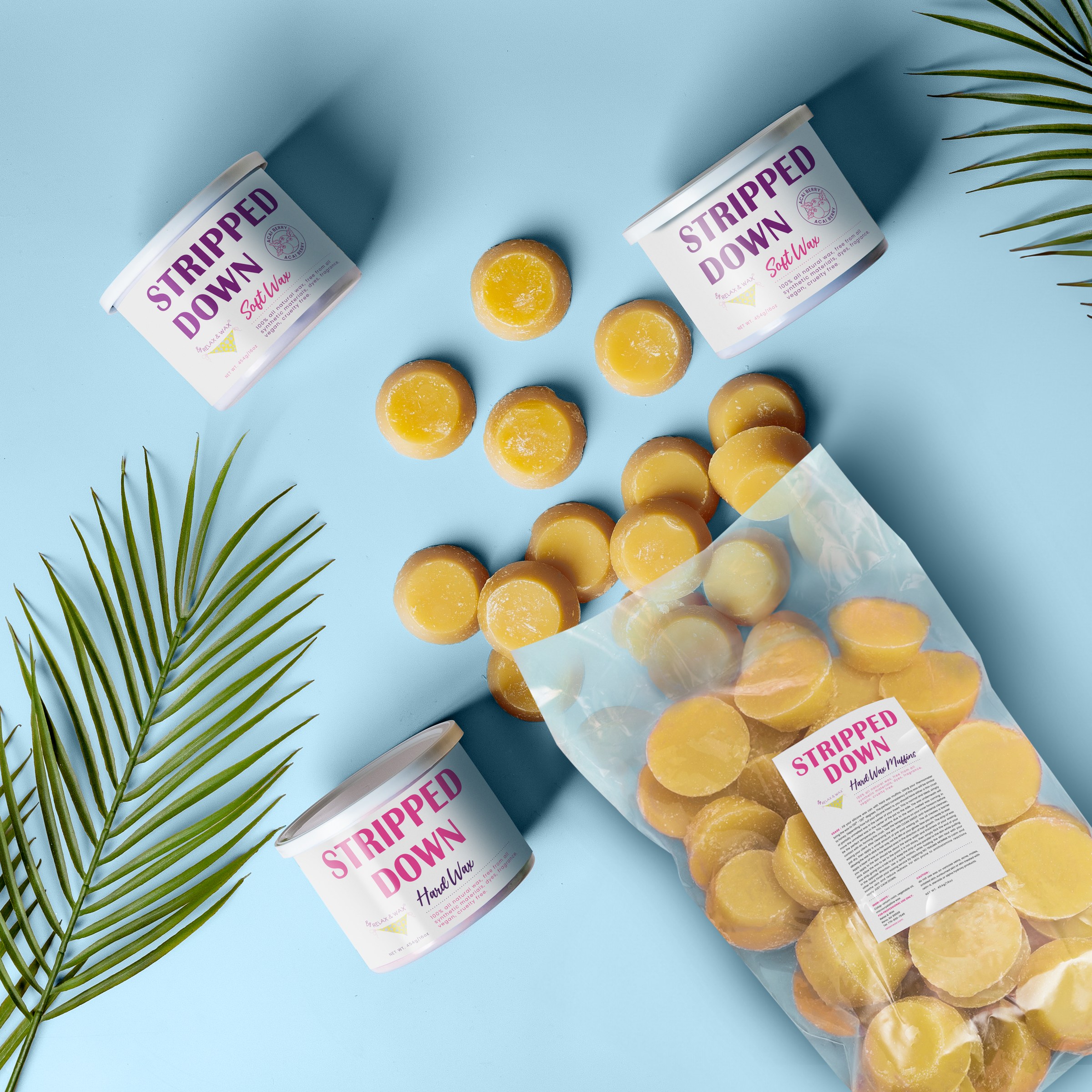 Relax & Wax Stripped Down soft and hard wax with wax muffins on a blue background